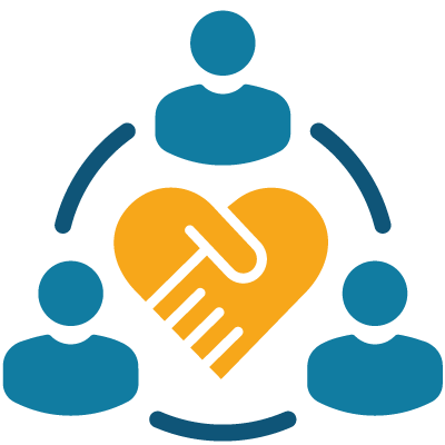 Drei stilisierte Personen um ein Herz in Form eines Händedrucks angeordnet, symbolisieren familiäre Unterstützung und Pflege